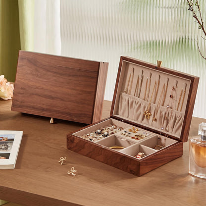 Black Walnut Wooden Women Jewelry Box with Glass Lid, 4 Layer