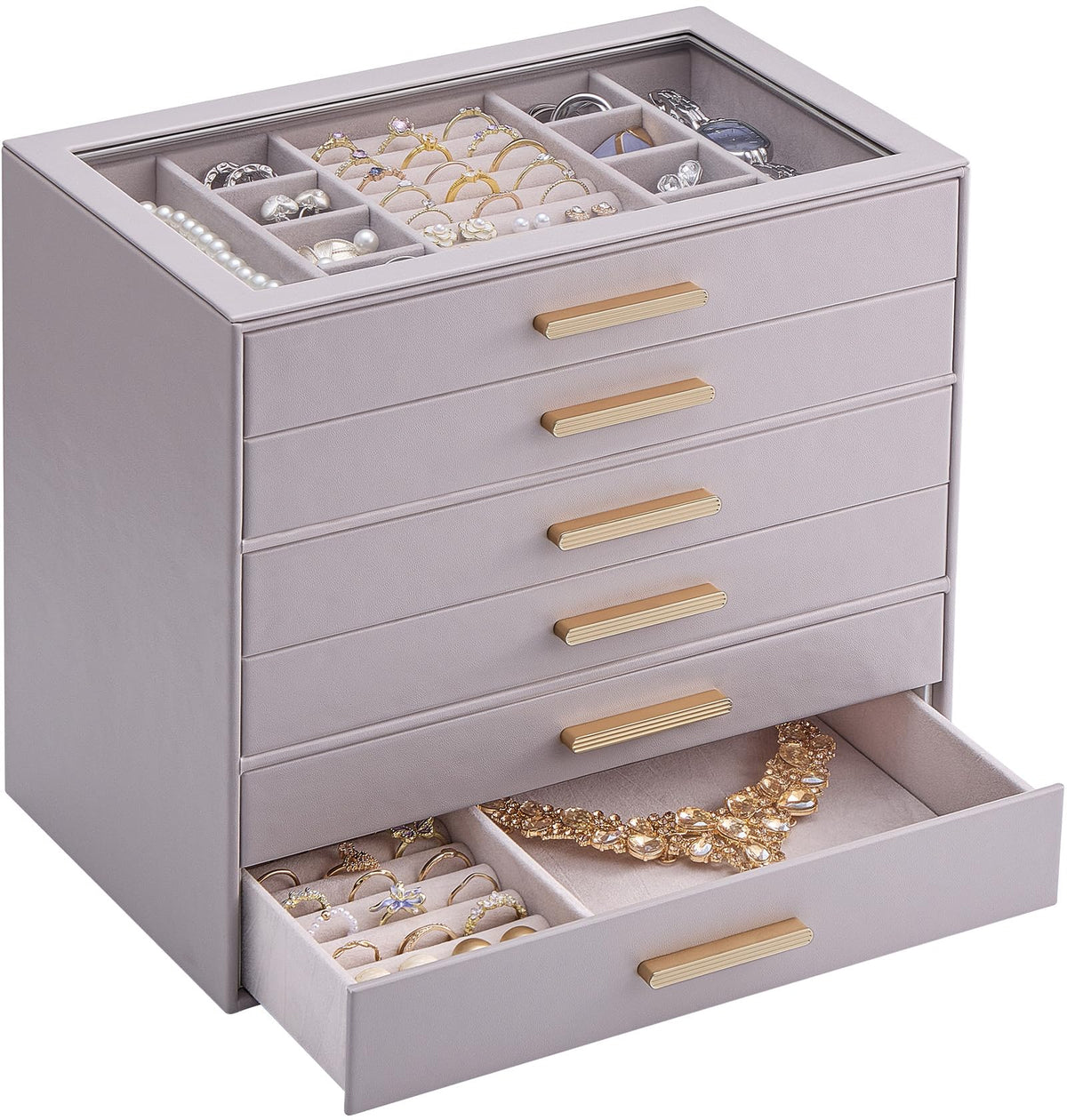 Lolalet Jewelry Box Organizer, 3-Layer Jewelry Storage Case -Beige