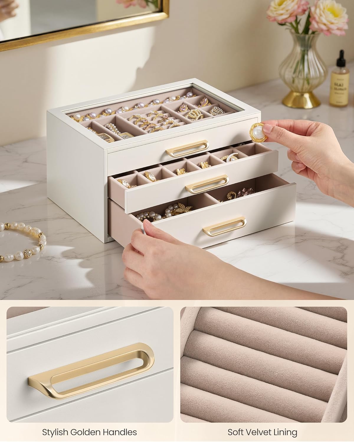 SONGMICS 3-Layer Jewelry Box with Glass Window, 3 Drawers, Golden Handles