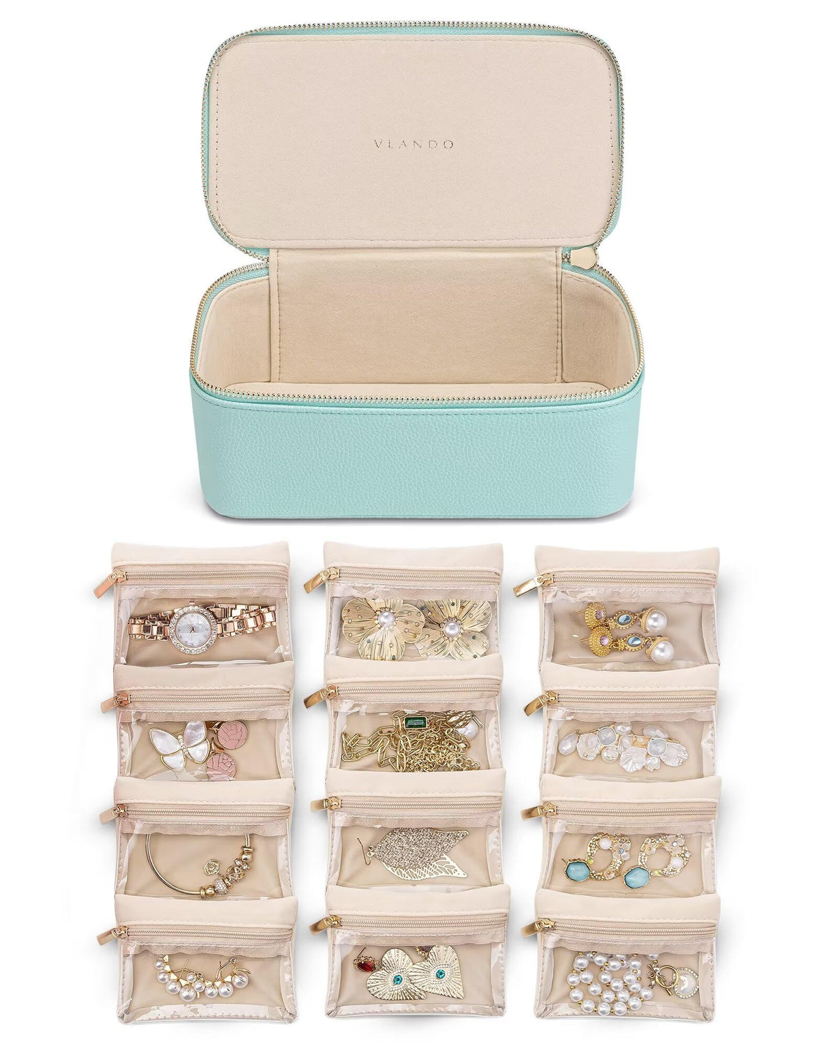 VLANDO Jewelry Boxes for Women with 12 Clear Velvet Zipper Pouches,Green
