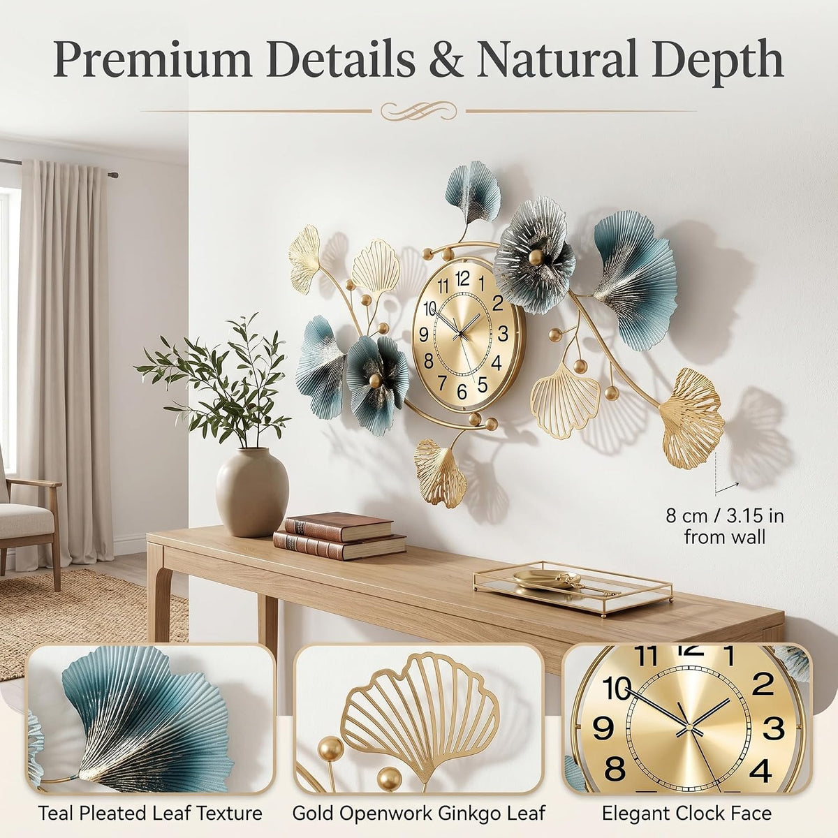 33" 3D Ginkgo Leaf Metal Wall Clock for Home Wall Decor