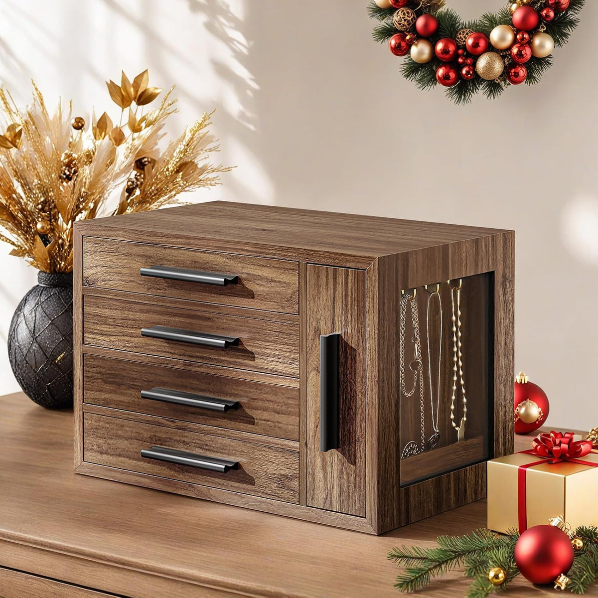 HOOBRO Jewelry Box for Women, Wooden Jewelry Organizer, Transparent Window