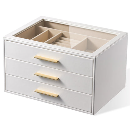 Jewelry Box Organizer Storage Case, 3-Layer with Glass Window, White