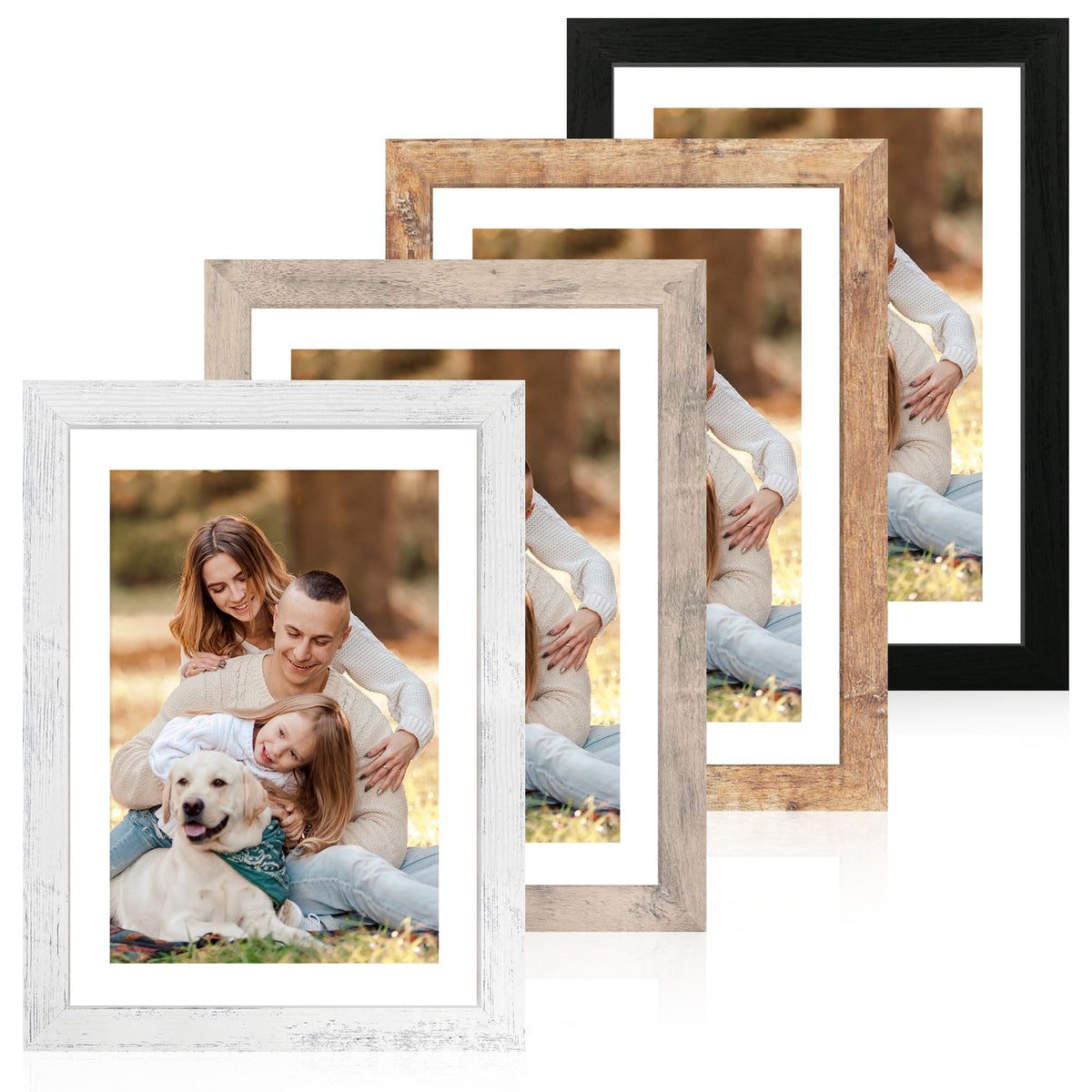 iRahmen 5x7 Picture Frame Set of 4, High Definition Real Glass Rustic Brown Frame, 5 x 7 Wood Photo Frames for Tabletop Display and Wall Mounting