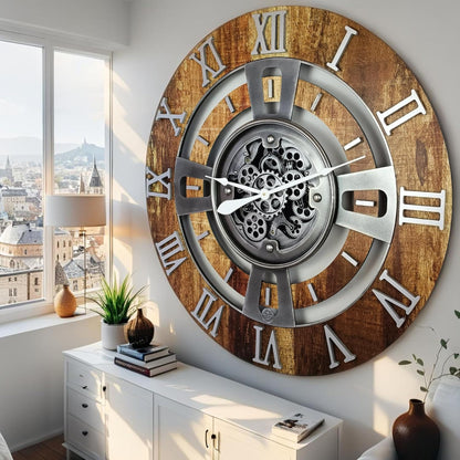 ImprovingLife The Gears Clock Real Moving Gear Wall Clock England Line (Vintage Brown, 36 inches (90 cm))