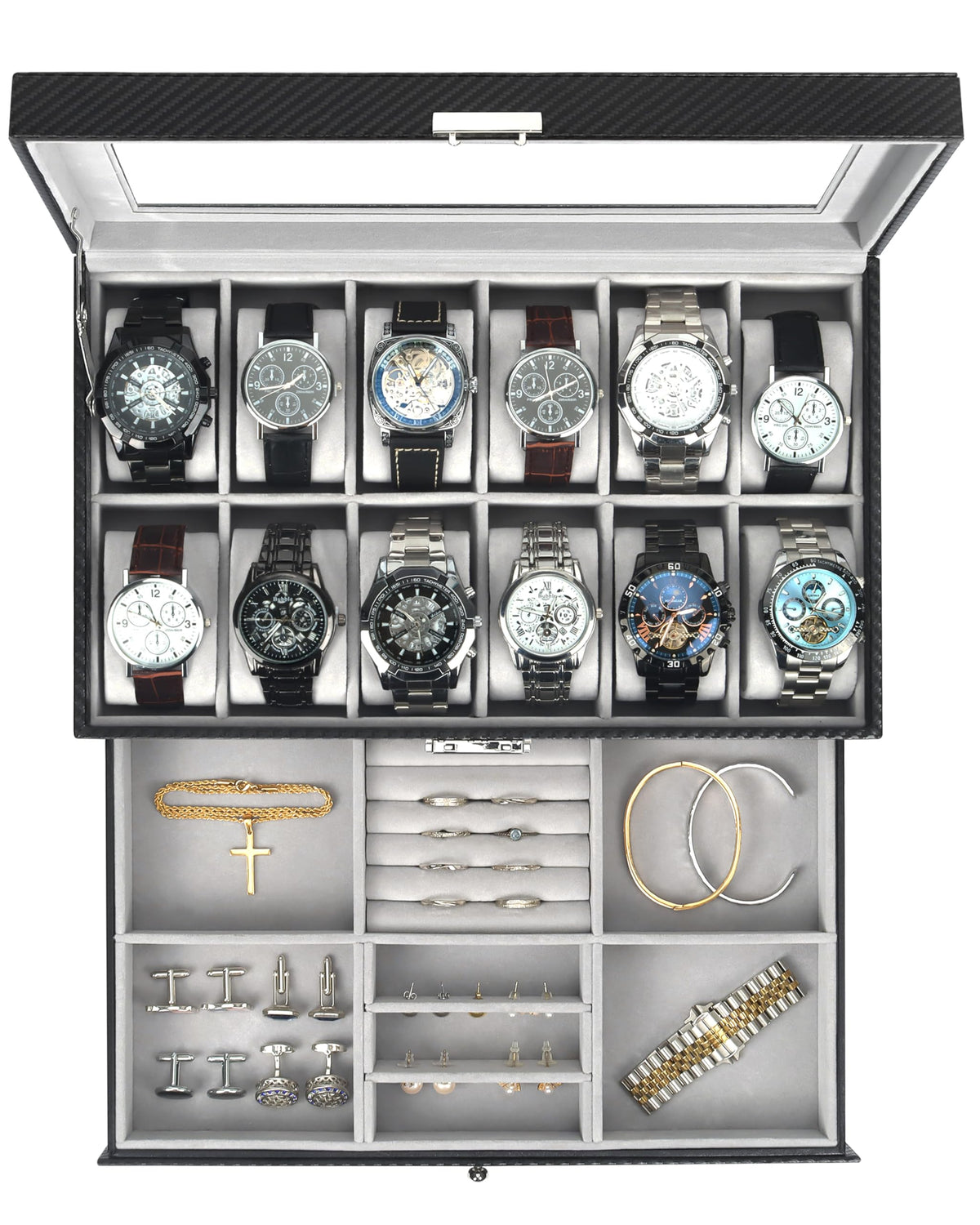 Kukikan Mens Jewelry Box Organizer, 6 Watch Slots & 3 Sunglasses -Black