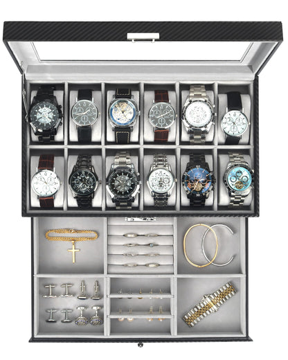 Kukikan Mens Jewelry Box Organizer, 6 Watch Slots & 3 Sunglasses -Black