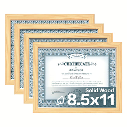 Egofine 11x14 Picture Frames 4 Pack Display Pictures 5x7/8x10 with Mat or 11x14 Without Mat Made of Solid Wood Covered by Plexiglass for Table Top Display and Wall Mounting Photo Frame, Light Brown
