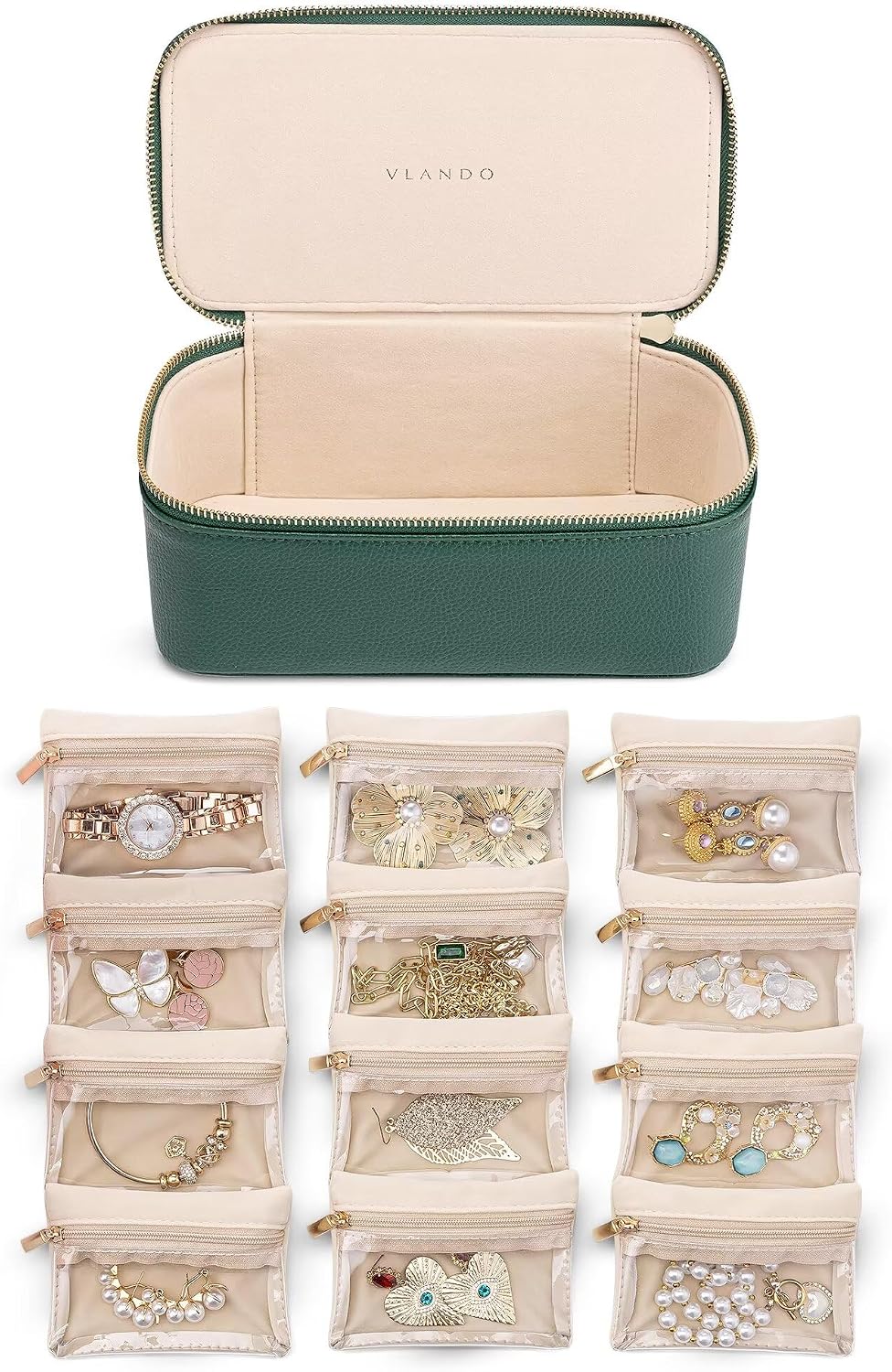 VLANDO Jewelry Boxes for Women with 12 Clear Velvet Zipper Pouches,Green