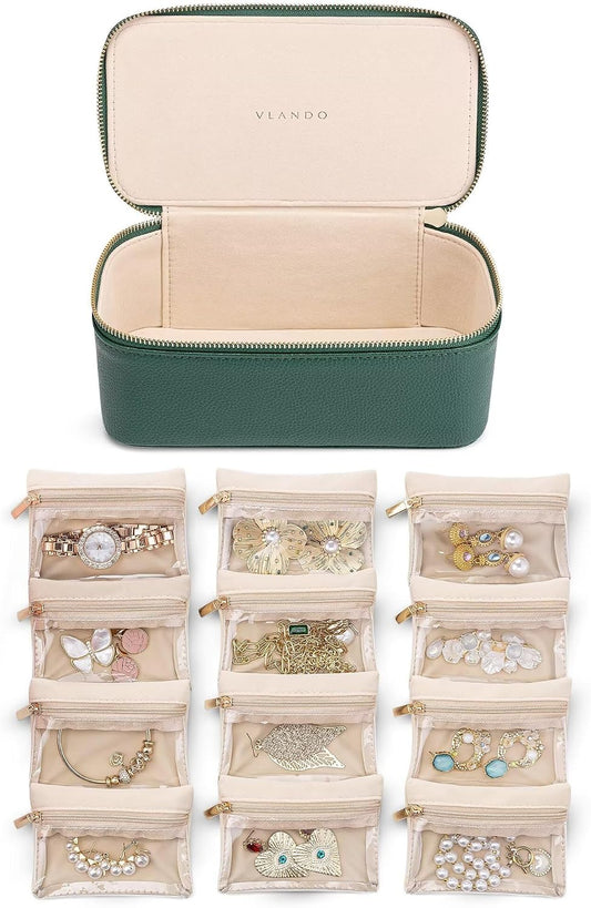 VLANDO Jewelry Boxes for Women with 12 Clear Velvet Zipper Pouches,Green