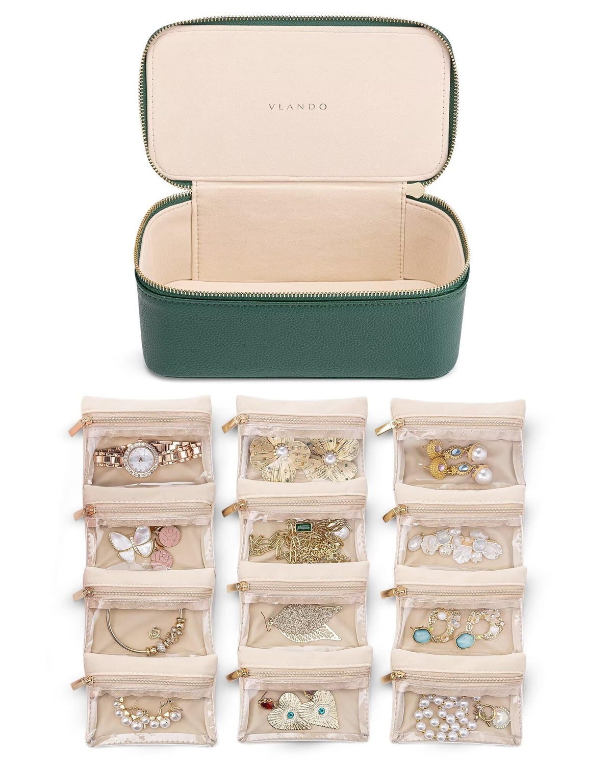 VLANDO Jewelry Boxes for Women with 12 Clear Velvet Zipper Pouches,Green