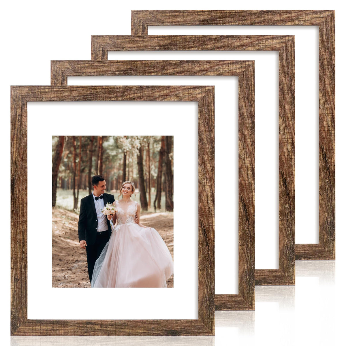 iRahmen 5x7 Picture Frame Set of 4, High Definition Real Glass Rustic Brown Frame, 5 x 7 Wood Photo Frames for Tabletop Display and Wall Mounting