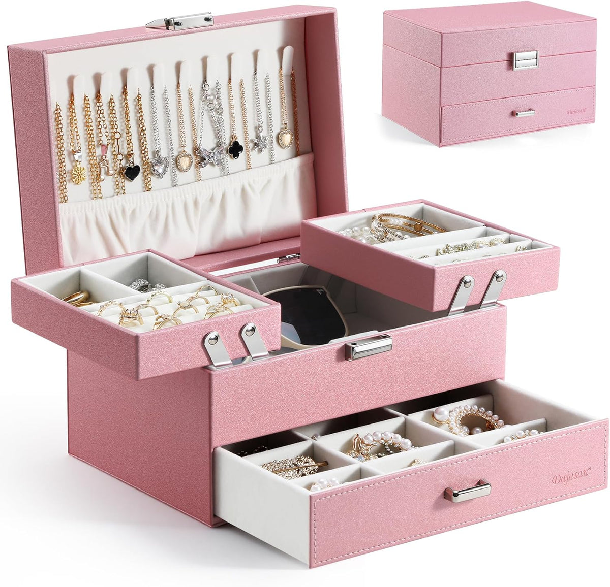 Dajasan Jewelry Organizer Box, Large Jewelry Boxes for Women Girls, Space-Saving 3 Layers Jewelry Storage Case with Drawer, Gift Idea, Movable Metal Stand, Modern (Pink)