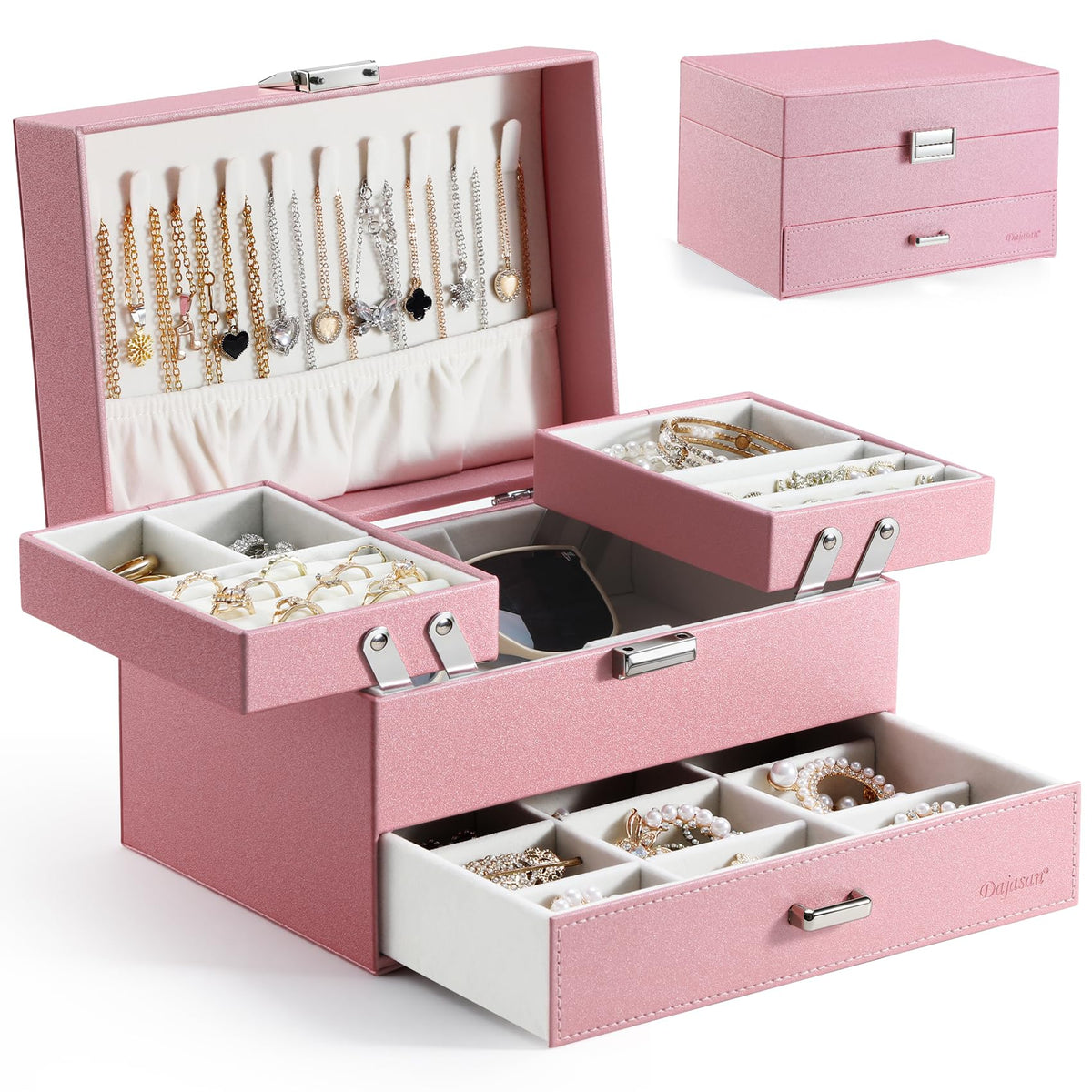 Dajasan Jewelry Organizer Box, Large Jewelry Boxes for Women Girls, Space-Saving 3 Layers Jewelry Storage Case with Drawer, Gift Idea, Movable Metal Stand, Modern (Pink)