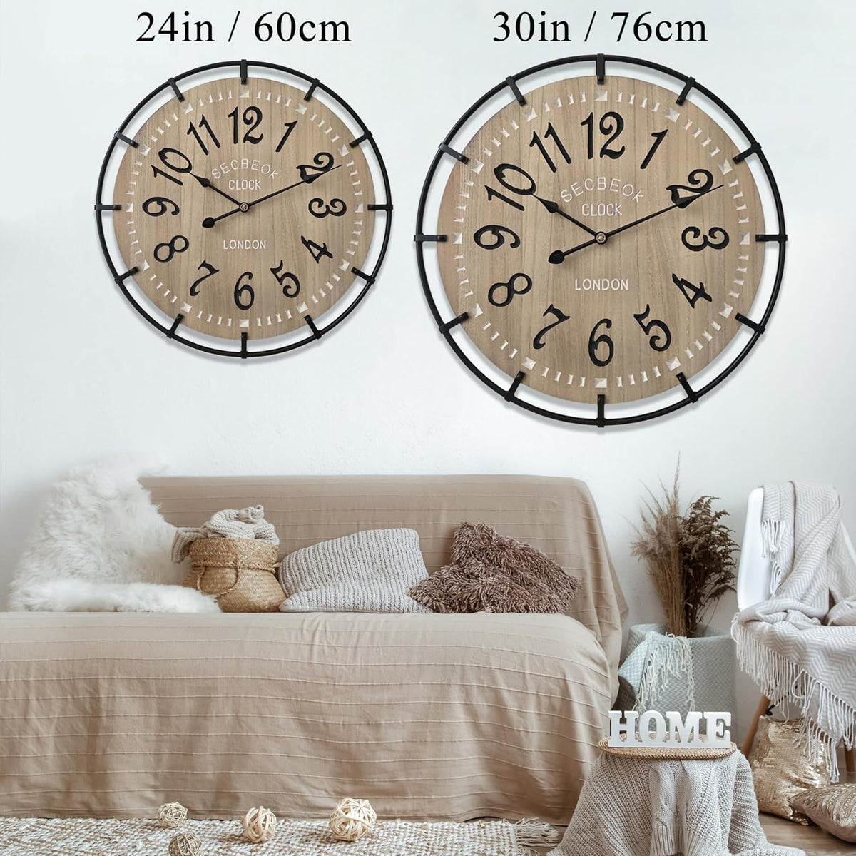 30 Inch Oversized Farmhouse Wall Clock, Metal Rustic Wood with Silent Quartz Movement, Easy Read Arabic Numerals, Battery Powered Decorative Wall Clock for Living Room Bedroom Kitchen Office
