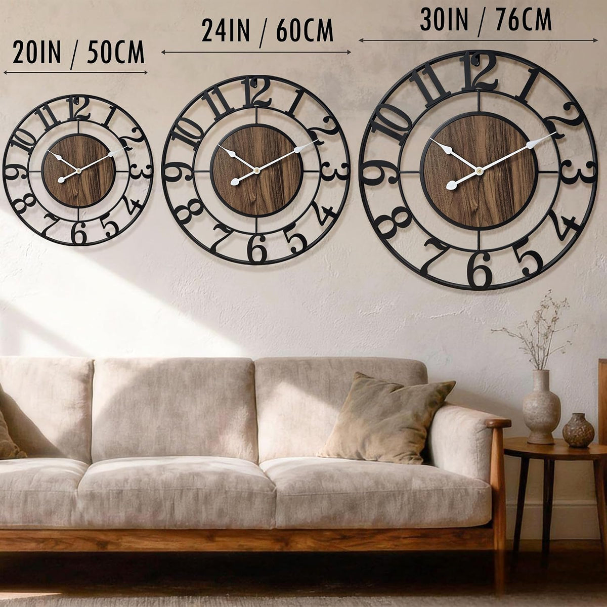 Large Metal Wall Clock, 20 Inch Retro Decorative Silent, Non Ticking, Battery Operated Modern Big Wood Wall Clock for Living Room, Farmhouse, Bedroom, Fireplace, Kitchen, Office, Home Decor