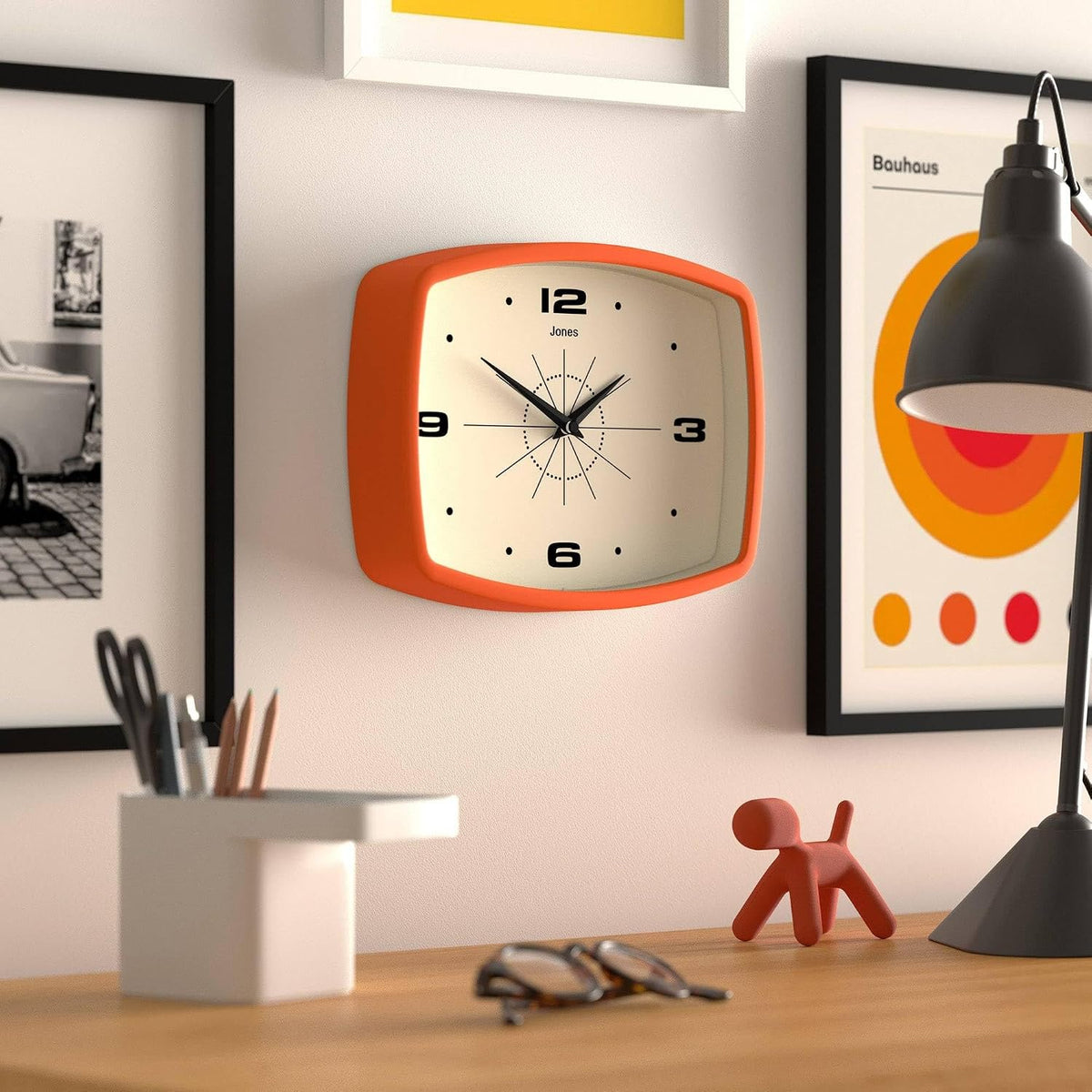 JONES CLOCKS® Movie wall Clock | Rectangular Retro Clock | 10" | Orange