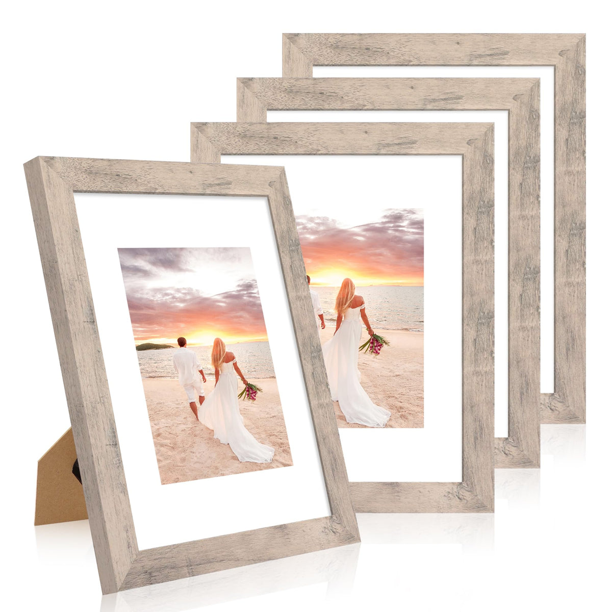 iRahmen 5x7 Picture Frame Set of 4, High Definition Real Glass Rustic Brown Frame, 5 x 7 Wood Photo Frames for Tabletop Display and Wall Mounting