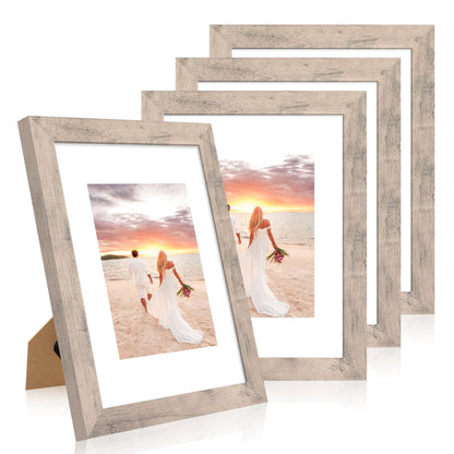 iRahmen 5x7 Picture Frame Set of 4, High Definition Real Glass Rustic Brown Frame, 5 x 7 Wood Photo Frames for Tabletop Display and Wall Mounting