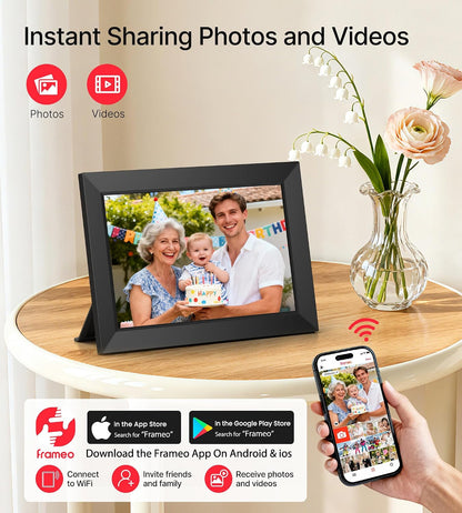 BIGASUO Digital Picture Frame, 10.1" Frameo Digital Frame WiFi with 32GB Memory, 1280x800 IPS Touch Screen, Send Photos/Videos from Your Phone Anywhere, Photo Gifts for Parents and Grandparents