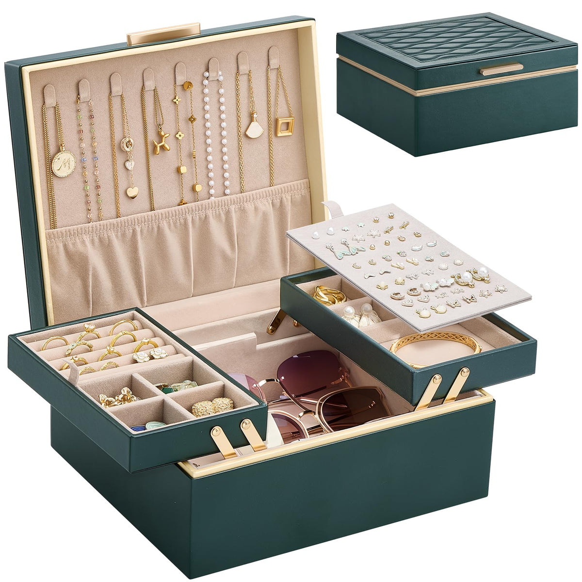 Lolalet Jewelry Box for Women Girls, 2 Layer Jewelry Organizer -Cream