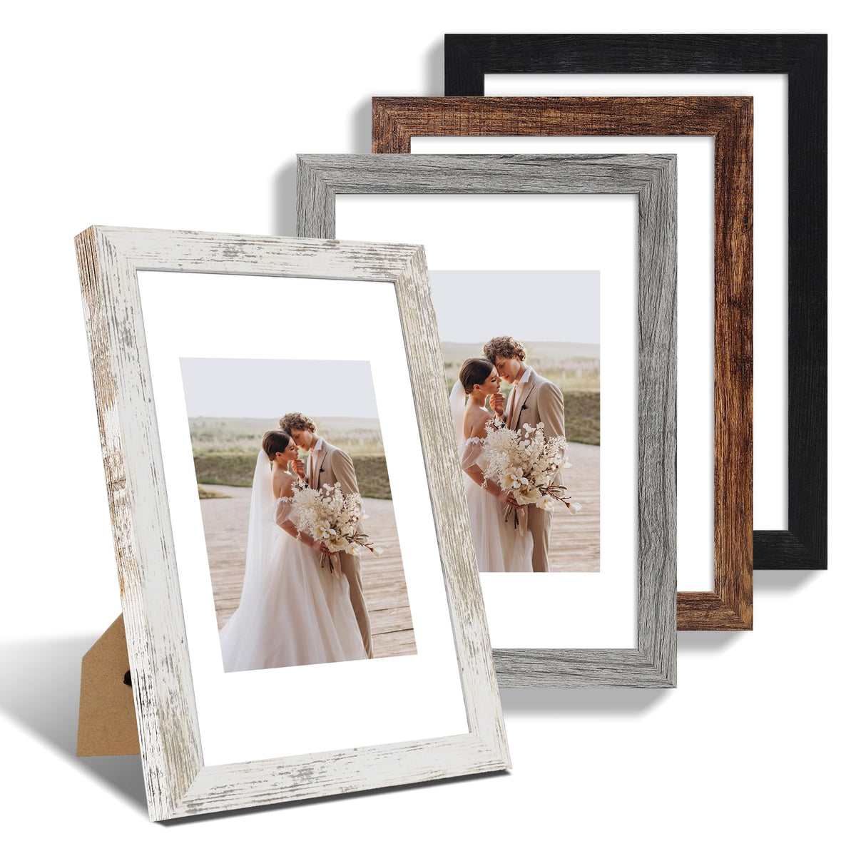 Hongkee 5x7 Picture Frame Set of 4, Real Glass and Wooden Frame, 4x6 Mat
