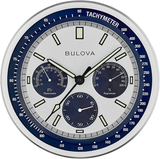 Bulova Lunar Pilot Wall Clock C1971 | Matte Silver Finish |Temperature & Hygrometer Display | Silent Sweep Quartz Movement | 13.75-Inch