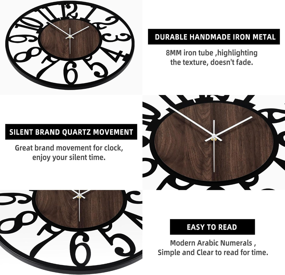 1st owned Wall Clock for Living Room -13" Silent Non Ticking,Battery Operated,Black Metal, Antique Wood Clocks for Farmhouse,Dining Room,Bedroom,Kitchen Clock Wall Decor- Arabic Numerals
