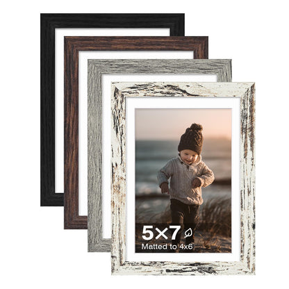 KINLINK 5x7 Picture Frame White Set of 4, Wooden Photo Frames Matted 4x6 with Plexiglass for 4x6 with Mat or 5x7 without Mat for Table and Wall Display