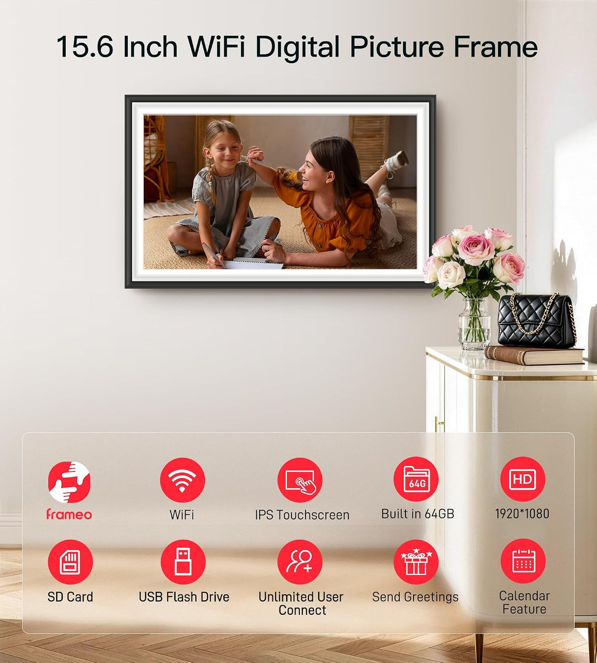 64GB Frameo 15.6" Digital Picture Frame WiFi, Large Electronic Photo Frames