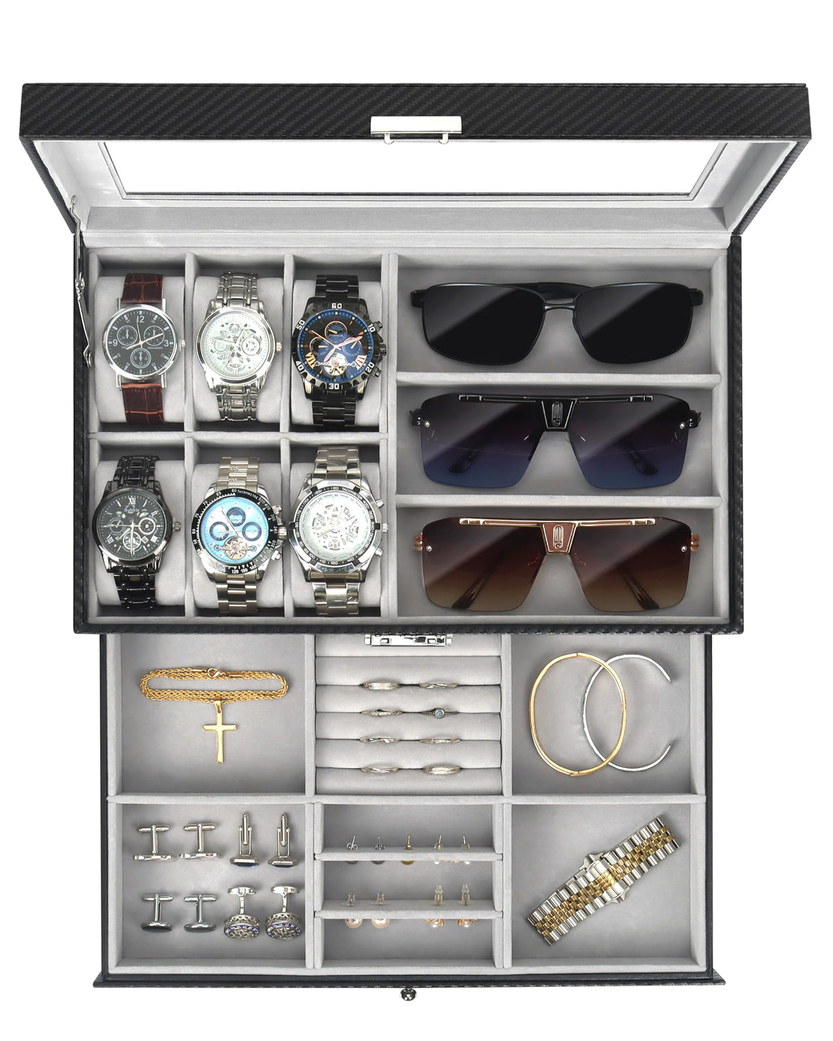 Kukikan Mens Jewelry Box Organizer, 6 Watch Slots & 3 Sunglasses -Black