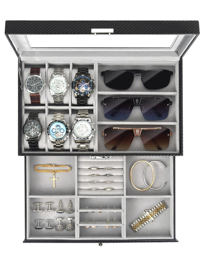 Kukikan Mens Jewelry Box Organizer, 6 Watch Slots & 3 Sunglasses -Black