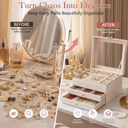 Jewelry Box, 3-Layer jewelry organizers and storage, Cloud White