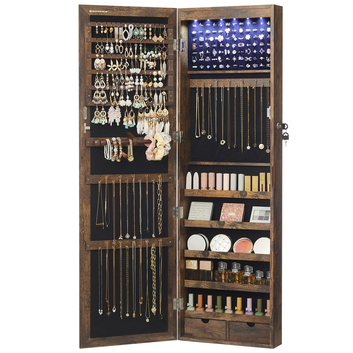 SONGMICS 6 LEDs Mirror Jewelry Cabinet, 47.2-Inch Tall Lockable Wall or Door Mounted Jewelry Armoire Organizer with Mirror, 2 Drawers, 3.9 x 14.6 x 47.2 Inches, White UJJC93W