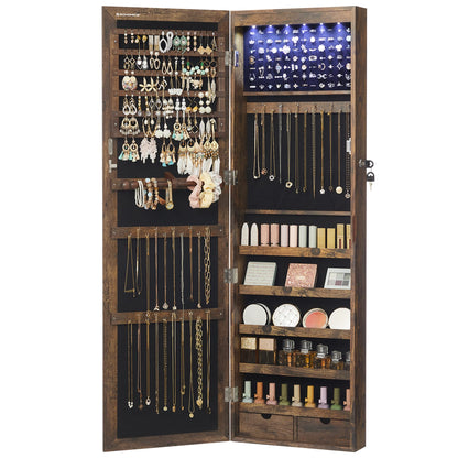 SONGMICS 6 LEDs Mirror Jewelry Cabinet, 47.2-Inch Tall Lockable Wall or Door Mounted Jewelry Armoire Organizer with Mirror, 2 Drawers, 3.9 x 14.6 x 47.2 Inches, White UJJC93W