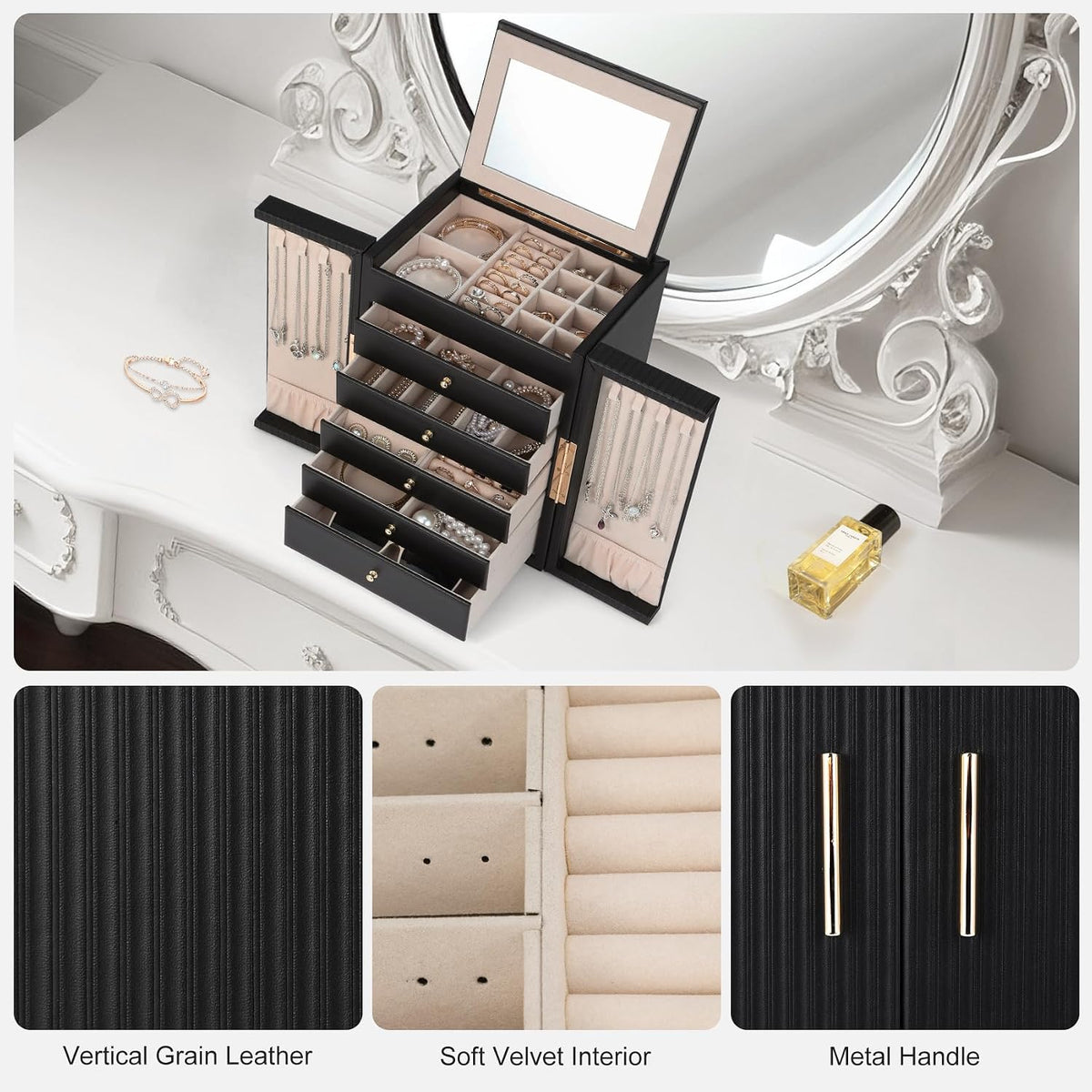 Dajasan Large Jewelry Organizer Box, 6-Tier Jewelry Storage Case with 5 Drawers, Jewelry Boxes for Women Girls with Mirror, Double Door, Textured PU Leather, Gift Idea, Stylish (Black + Gold)