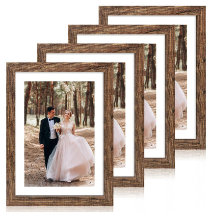 iRahmen 5x7 Picture Frame Set of 4, High Definition Real Glass Rustic Brown Frame, 5 x 7 Wood Photo Frames for Tabletop Display and Wall Mounting