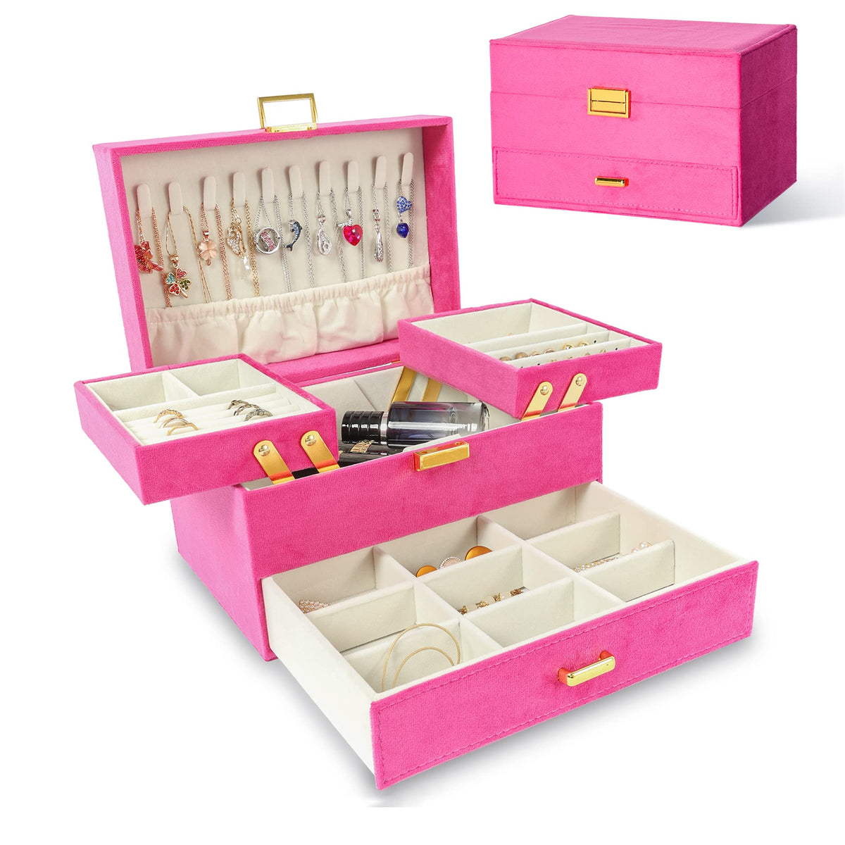 Dajasan Jewelry Organizer Box, Large Jewelry Boxes for Women Girls, Space-Saving 3 Layers Jewelry Storage Case with Drawer, Gift Idea, Movable Metal Stand, Modern (Pink)