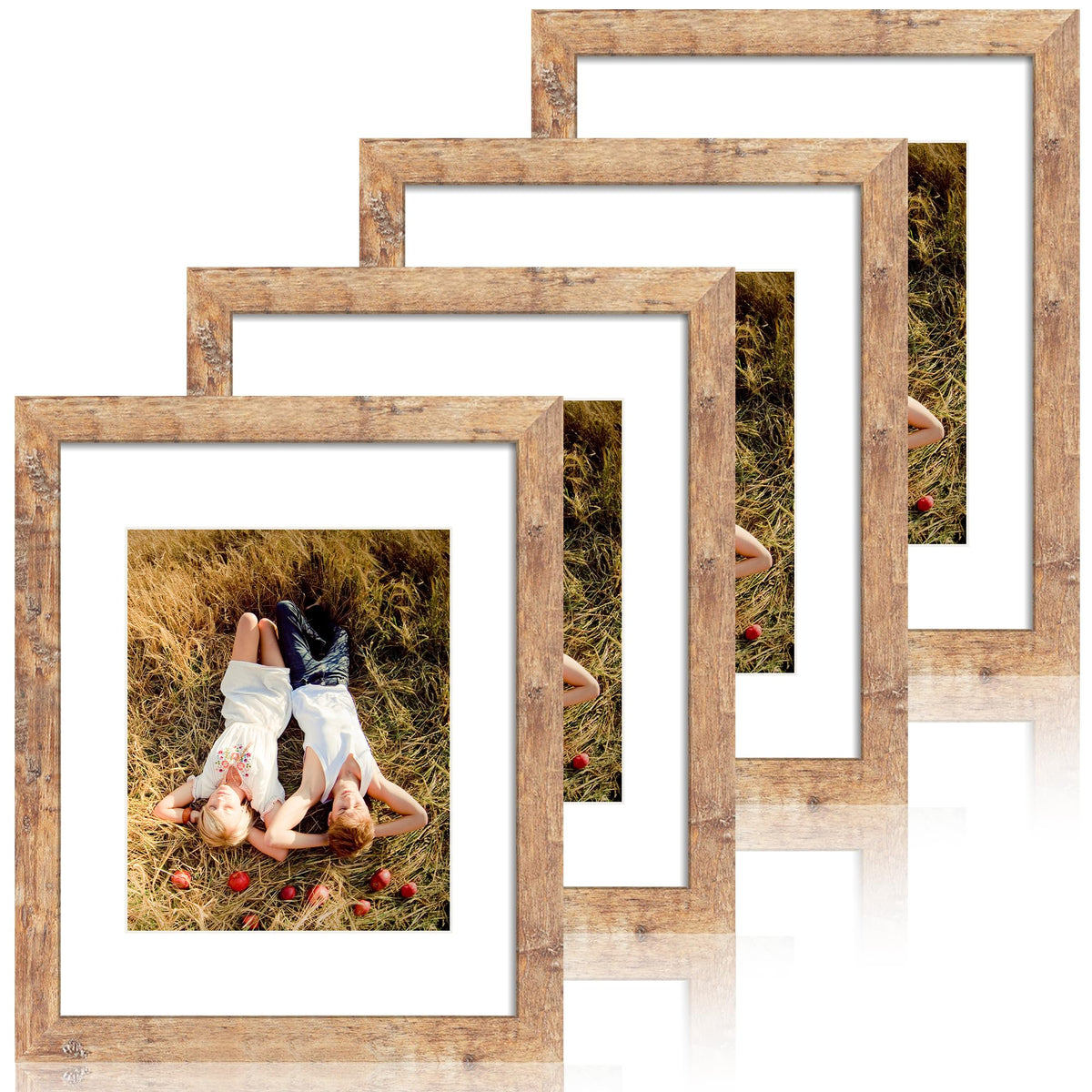 iRahmen 5x7 Picture Frame Set of 4, High Definition Real Glass Rustic Brown Frame, 5 x 7 Wood Photo Frames for Tabletop Display and Wall Mounting