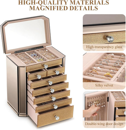 High End Glass Jewelry Box for Women, 7 Layer, Gold