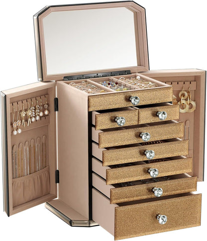 High End Glass Jewelry Box for Women, 7 Layer, Gold