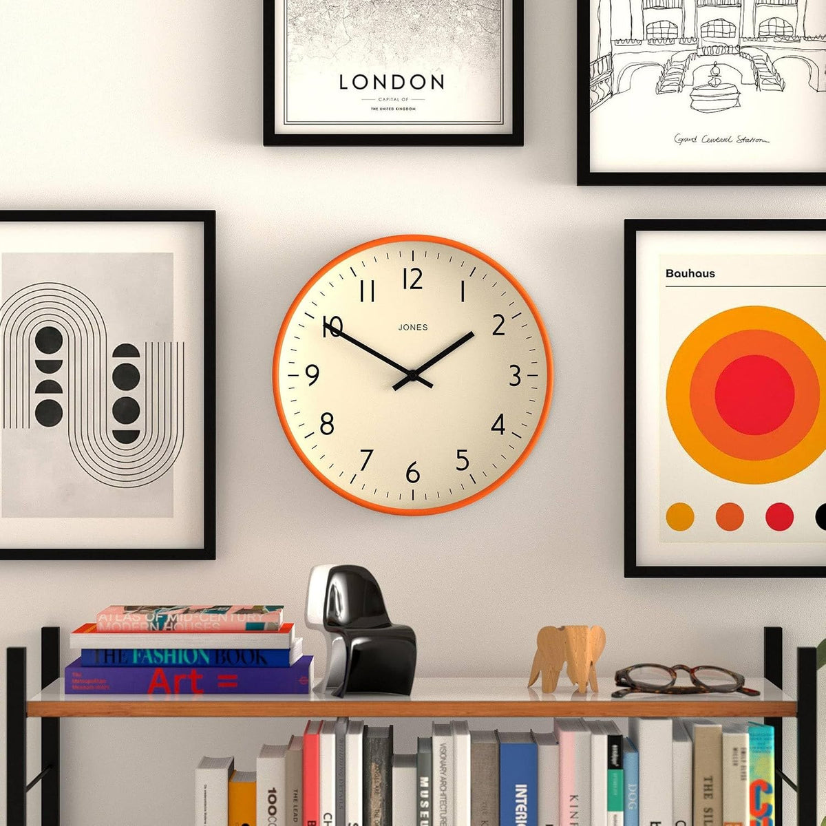 JONES CLOCKS® Studio Clock | Modern Round wall Clock | 12" | Orange
