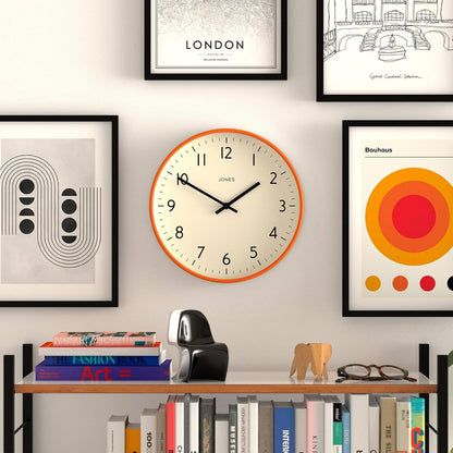JONES CLOCKS® Studio Clock | Modern Round wall Clock | 12" | Orange