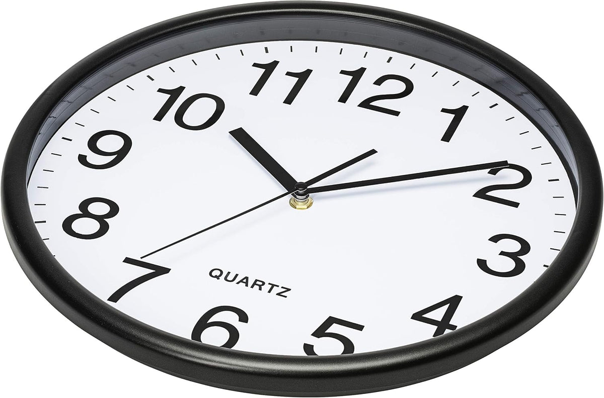 Bernhard Products Black Wall Clock, Large 13-Inch Silent Non Ticking Quartz Battery Operated Round Easy to Read Classroom/Home/School/Office Clock