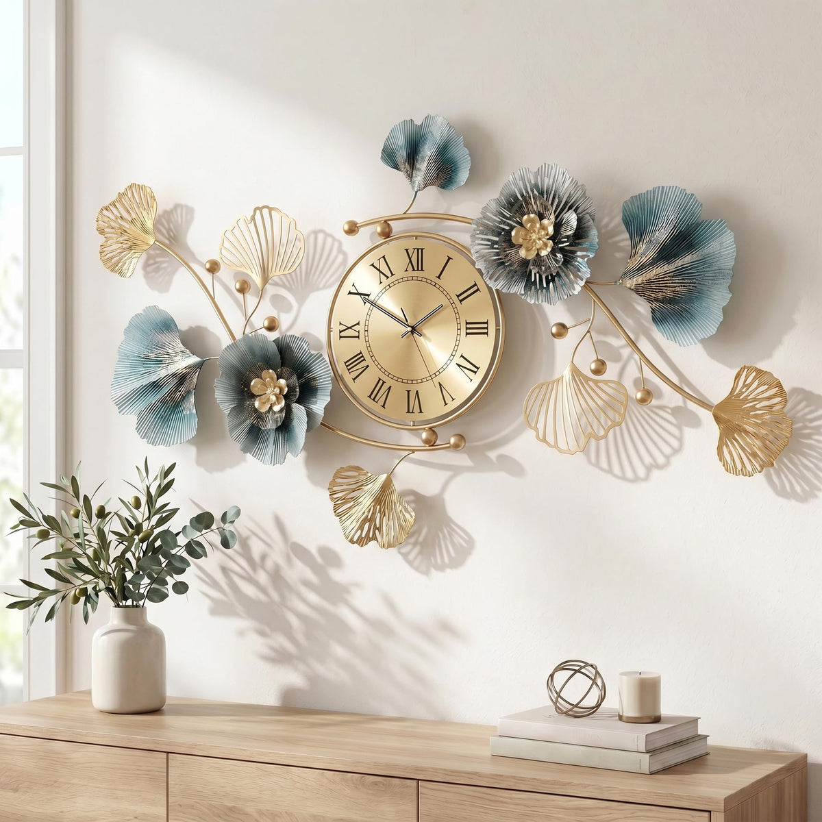 33" 3D Ginkgo Leaf Metal Wall Clock for Home Wall Decor