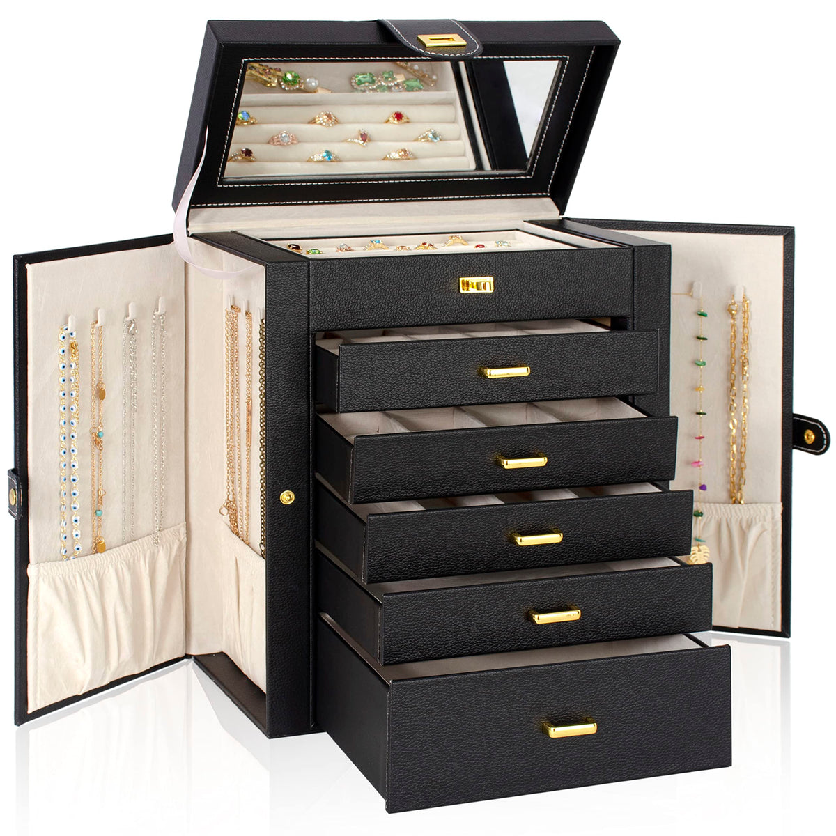 AKOZLIN 6-Tier Jewelry Box Organizer 5 Drawers Storage Black Regular