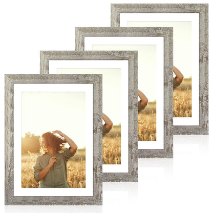 iRahmen 5x7 Picture Frame Set of 4, High Definition Real Glass Rustic Brown Frame, 5 x 7 Wood Photo Frames for Tabletop Display and Wall Mounting