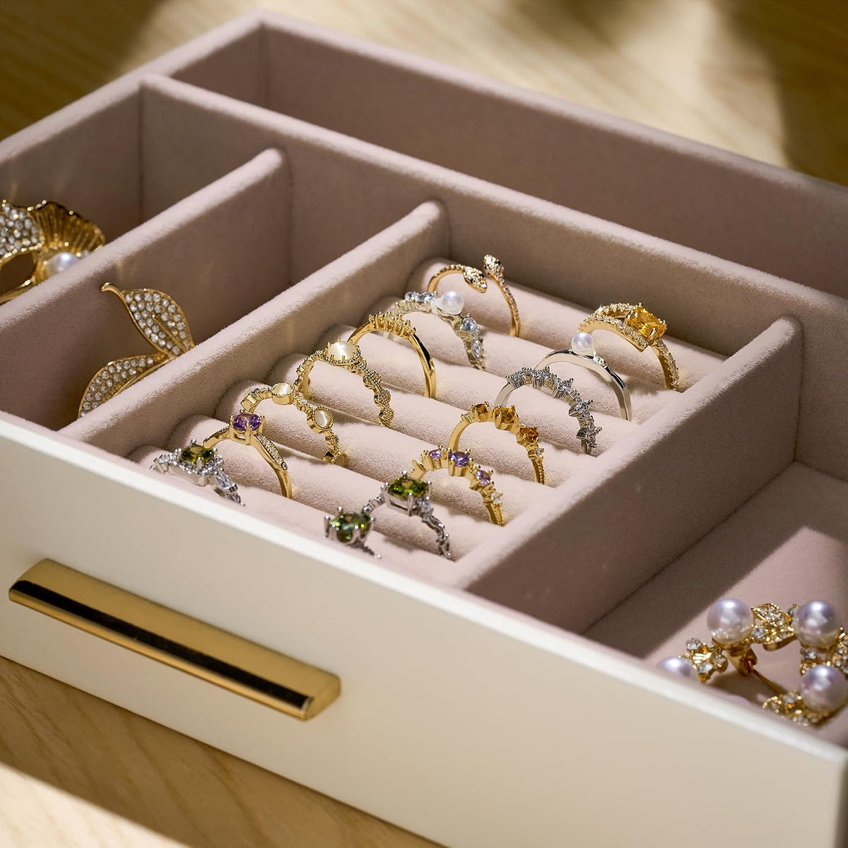 Jewelry Box Organizer Storage Case, 3-Layer with Glass Window, White