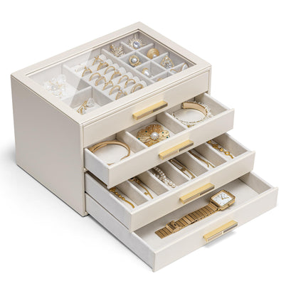 Vlando 4-Drawer Jewelry Box Organizer with Glass Lid, White