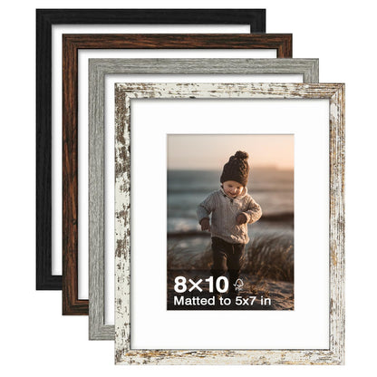 KINLINK 5x7 Picture Frame White Set of 4, Wooden Photo Frames Matted 4x6 with Plexiglass for 4x6 with Mat or 5x7 without Mat for Table and Wall Display